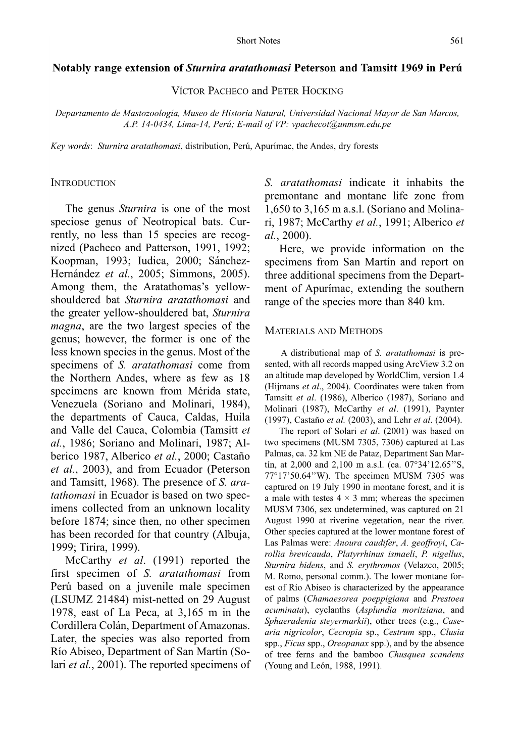 Notably Range Extension of Sturnira Aratathomasi Peterson and Tamsitt 1969 in Perú