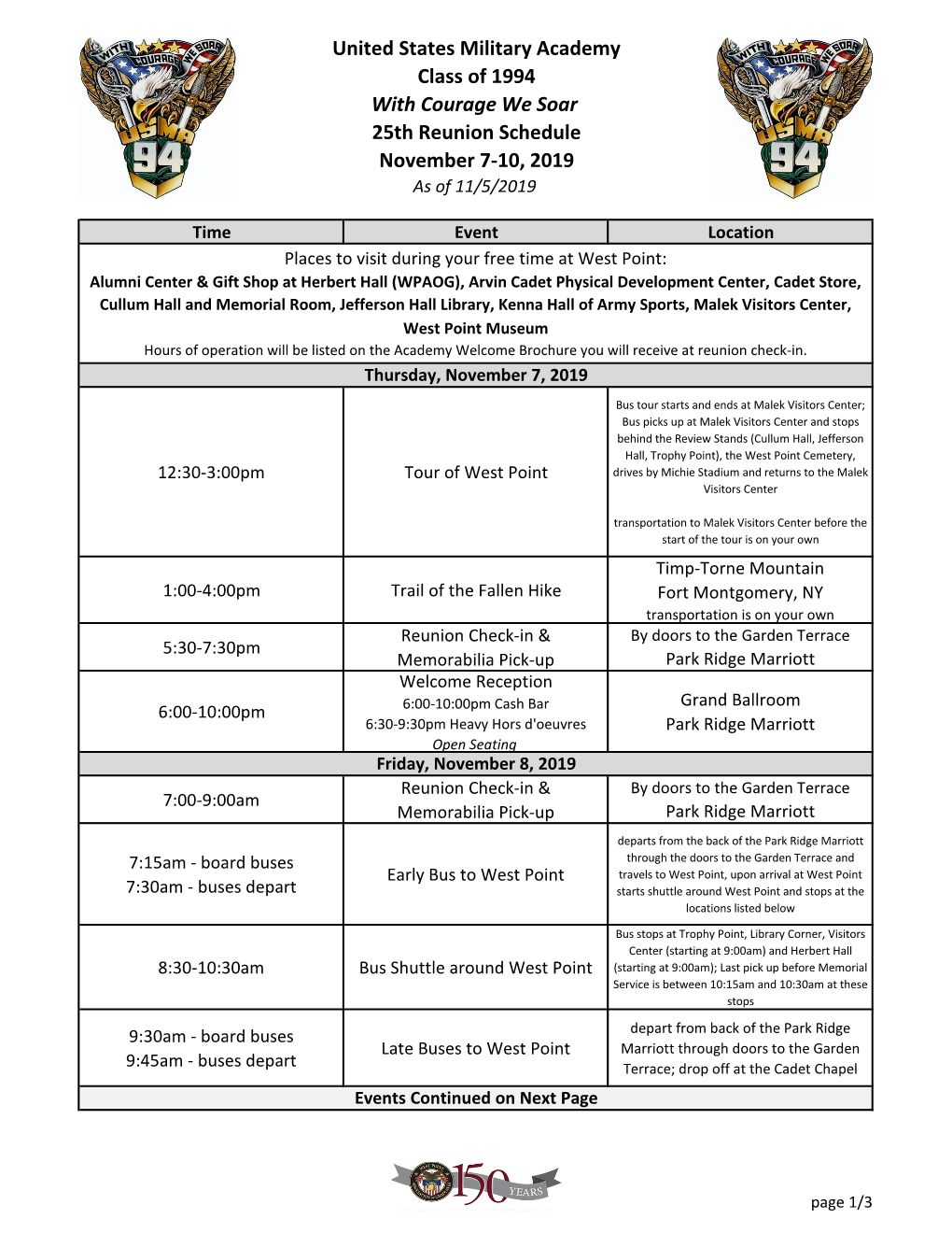 United States Military Academy Class of 1994 with Courage We Soar 25Th Reunion Schedule November 7-10, 2019 As of 11/5/2019