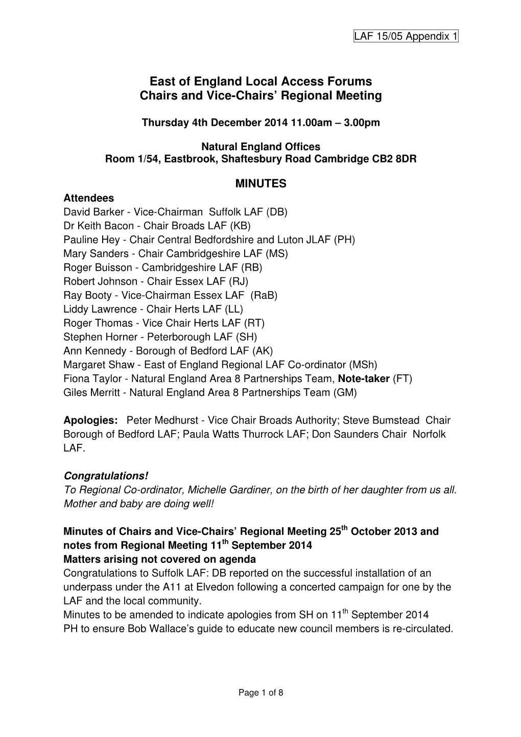 East of England Local Access Forums Chairs and Vice-Chairs' Regional Meeting