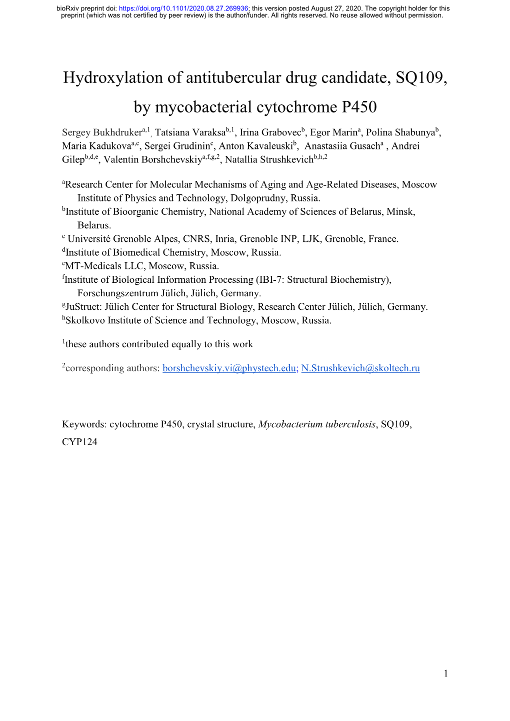 Hydroxylation of Antitubercular Drug Candidate, SQ109, by Mycobacterial Cytochrome P450