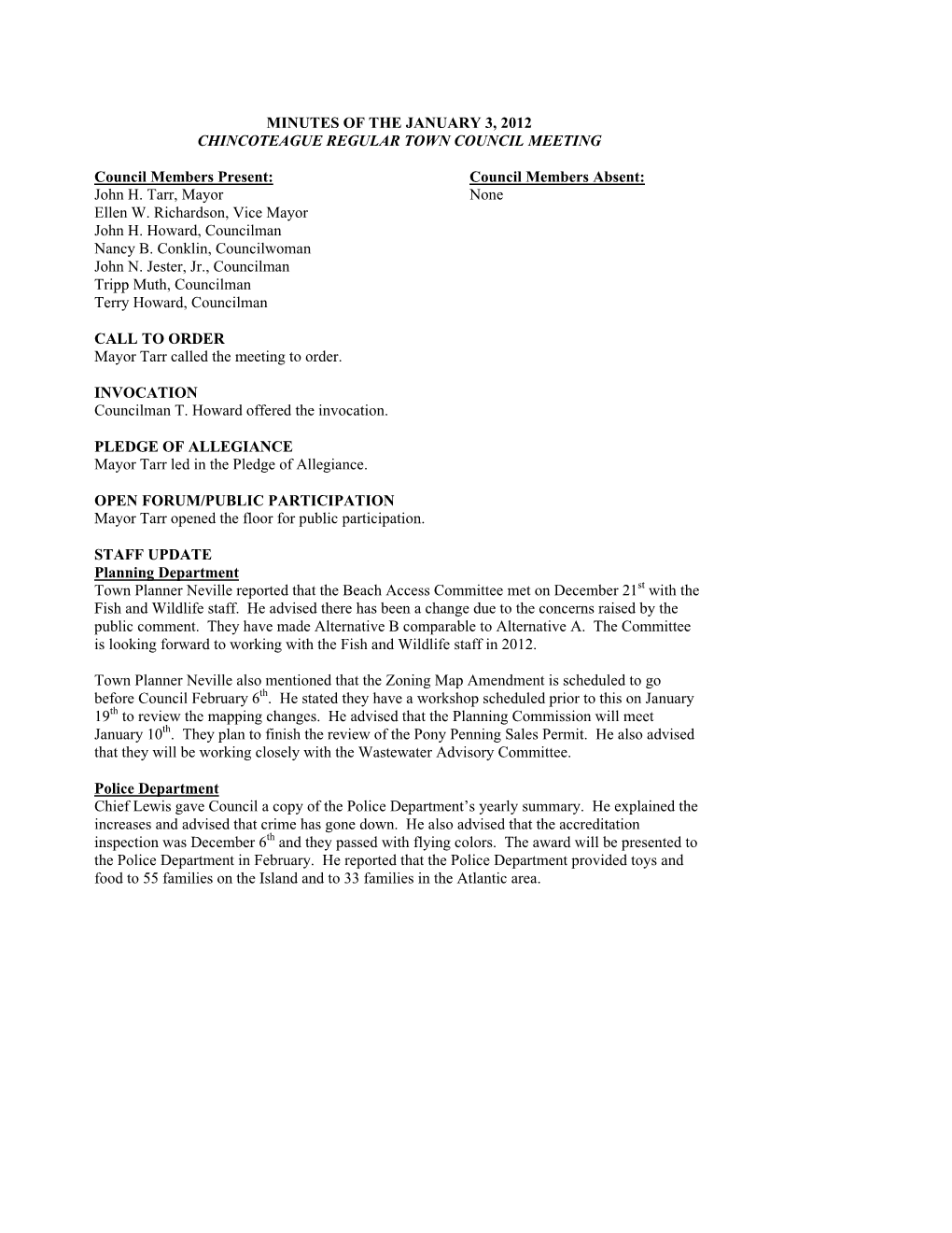 Minutes of the January 3, 2012 Chincoteague Regular Town Council Meeting