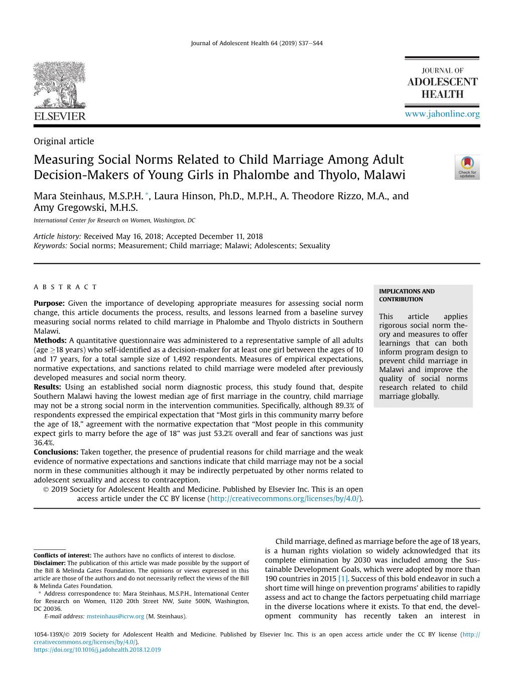 Measuring Social Norms Related to Child Marriage Among Adult Decision-Makers of Young Girls in Phalombe and Thyolo, Malawi