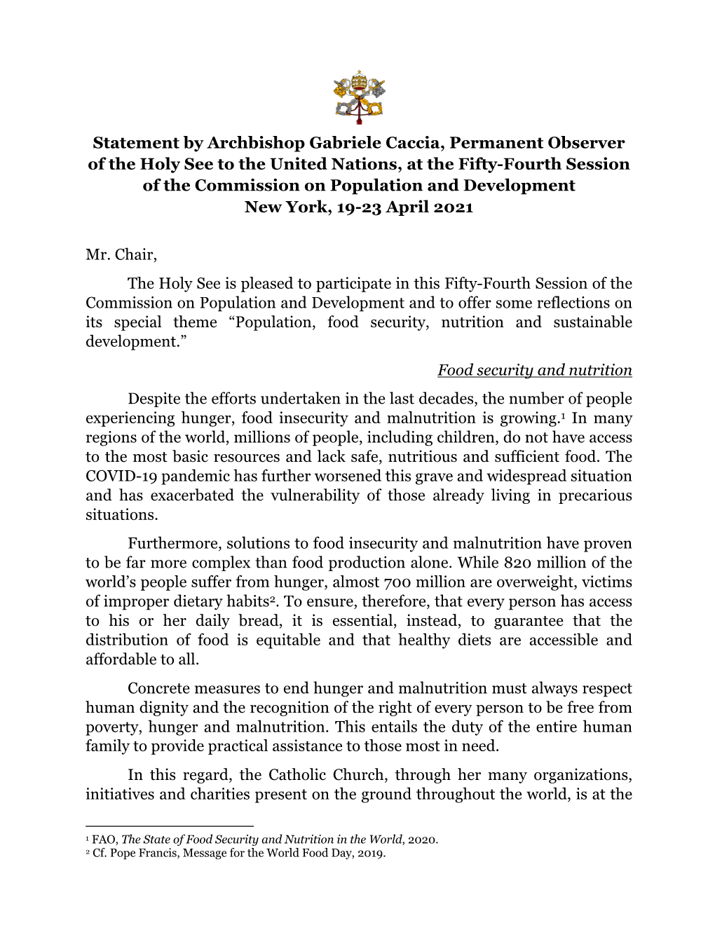 Statement by Archbishop Gabriele Caccia, Permanent Observer of The