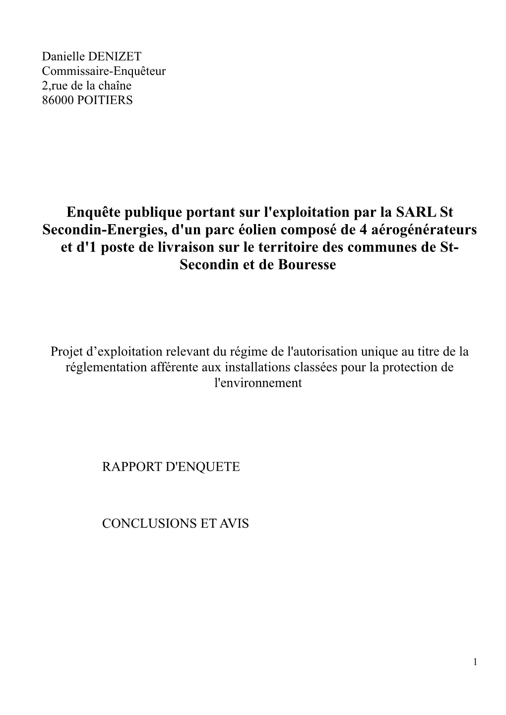 Enquête Publique Portant Sur L'exploitation Par La SARL St