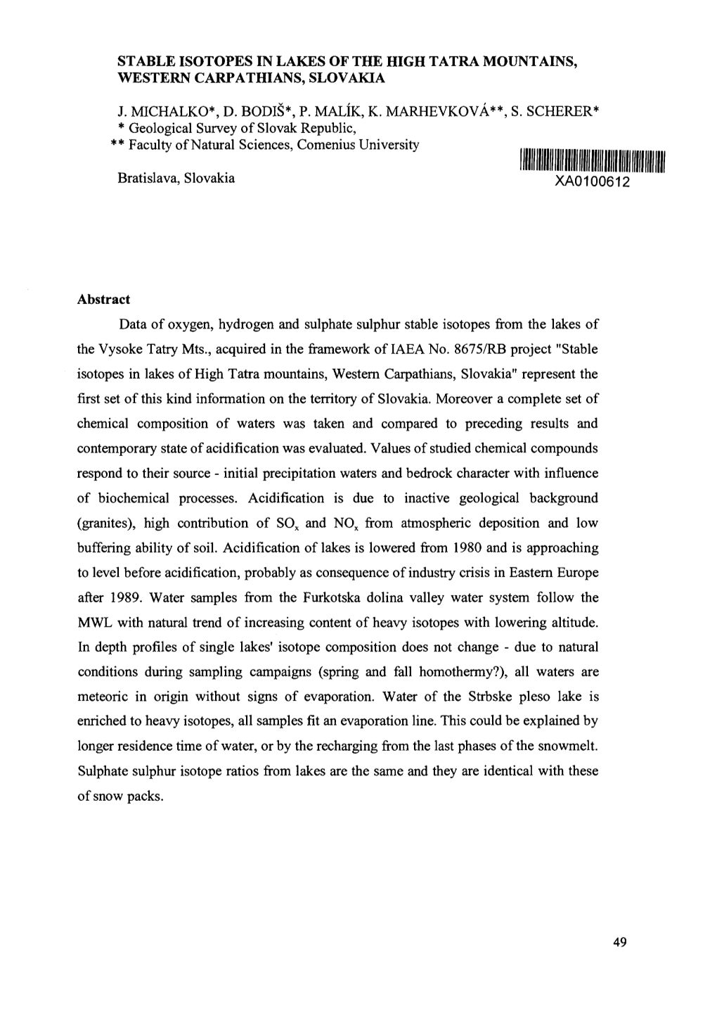 Stable Isotopes in Lakes of the High Tatra Mountains, Western Carpathians, Slovakia