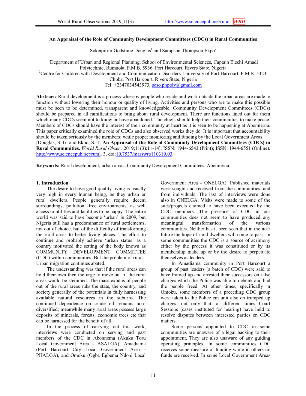 World Rural Observations 2019;11(3) WRO 11 an Appraisal of the Role of Community Development