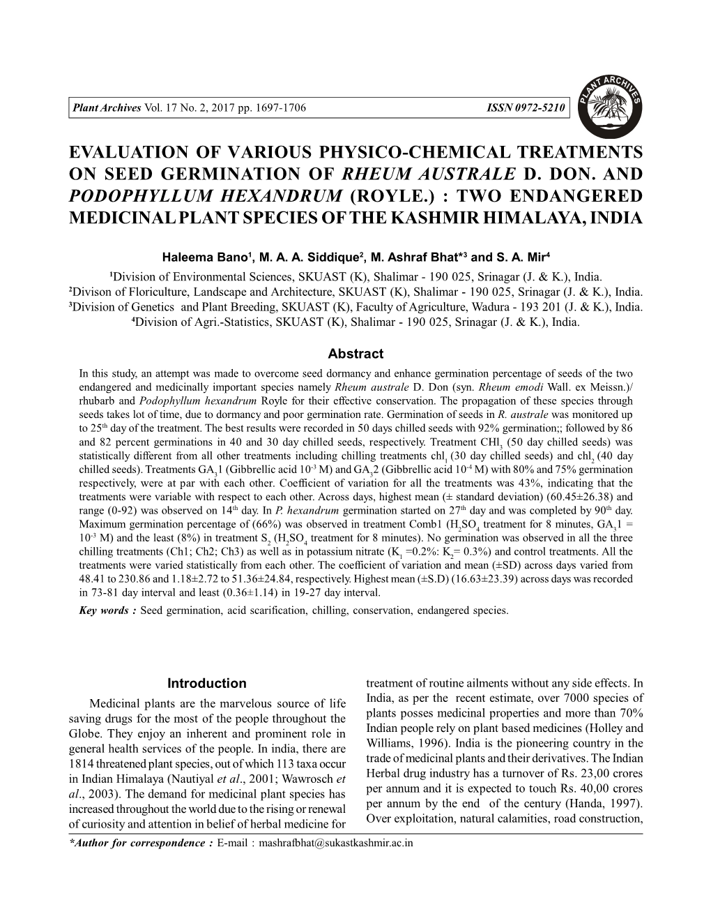 Evaluation of Various Physico-Chemical Treatments on Seed Germination of Rheum Australe D