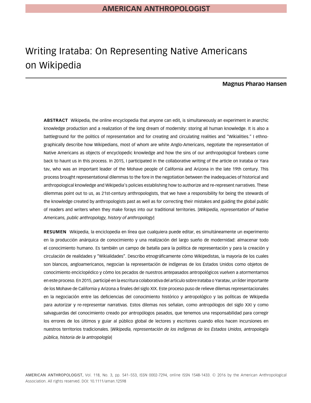 Writing Irataba: on Representing Native Americans on Wikipedia