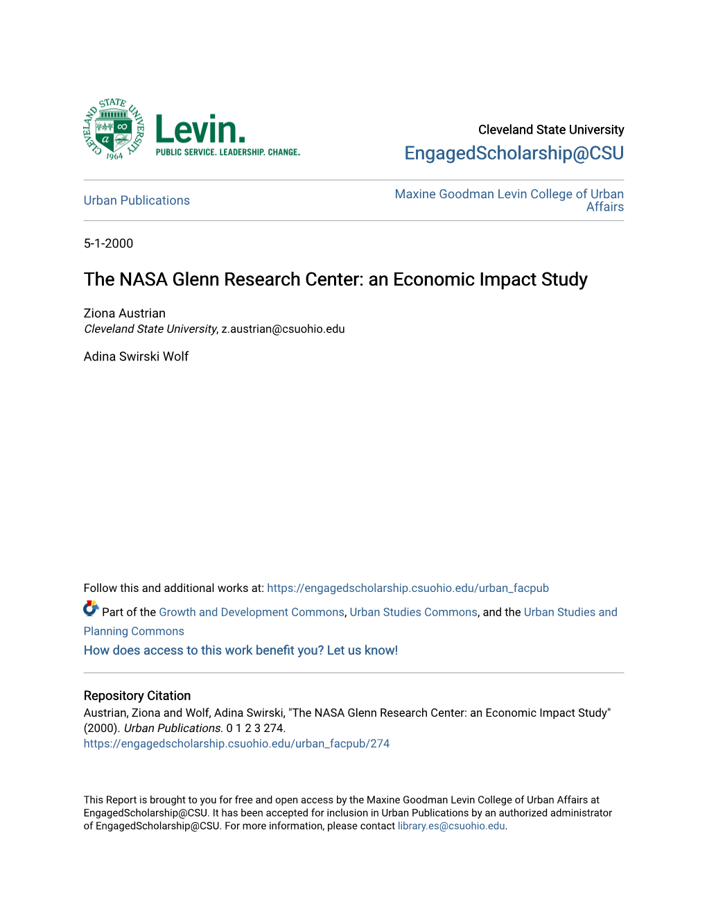 The NASA Glenn Research Center: an Economic Impact Study