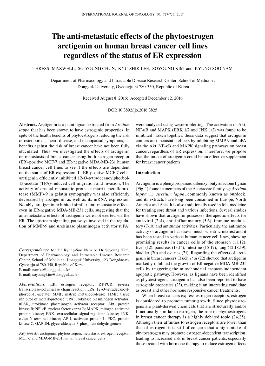 The Anti-Metastatic Effects of the Phytoestrogen Arctigenin on Human Breast Cancer Cell Lines Regardless of the Status of ER Expression