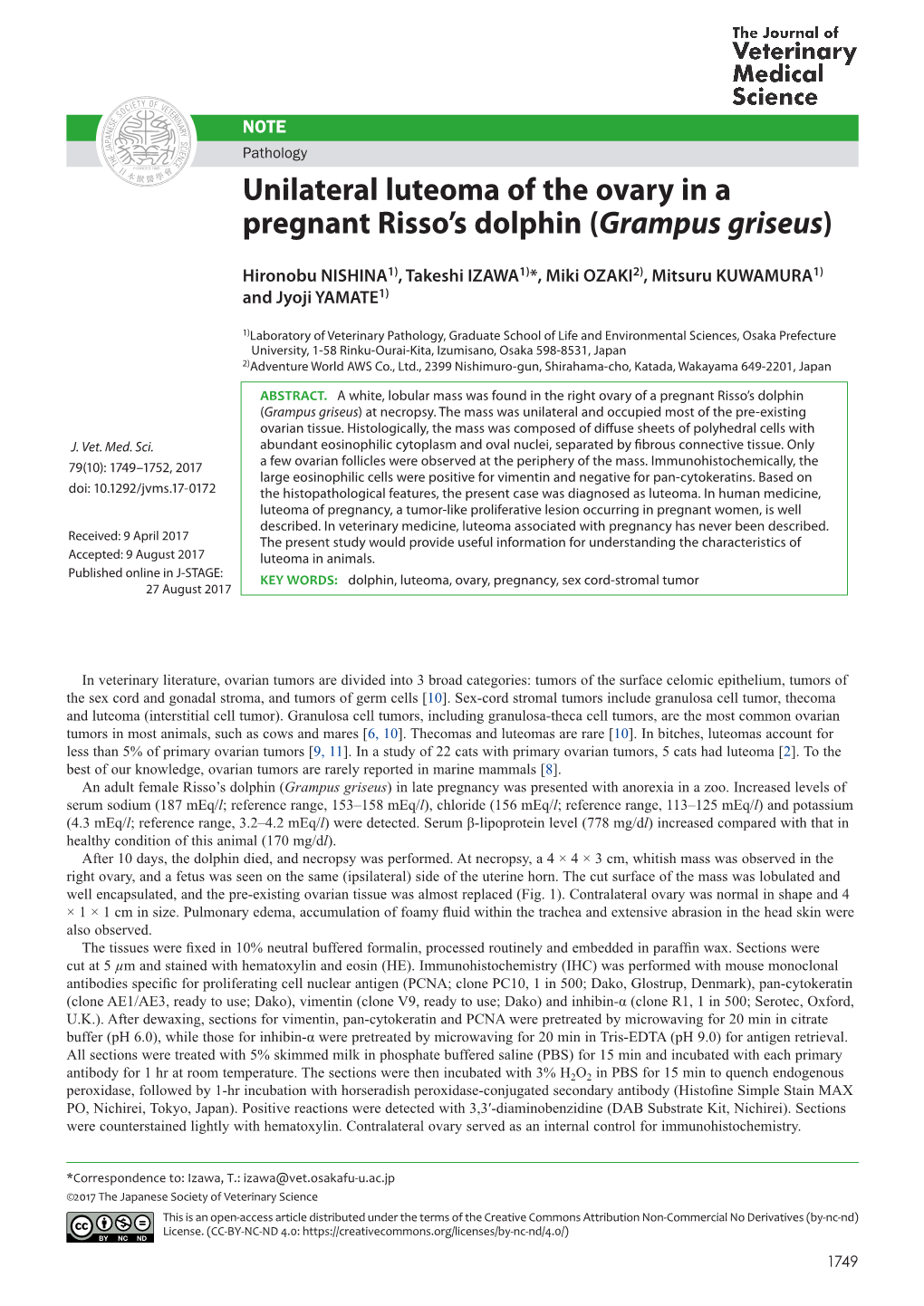 Unilateral Luteoma of the Ovary in a Pregnant Risso’S Dolphin (Grampus Griseus)