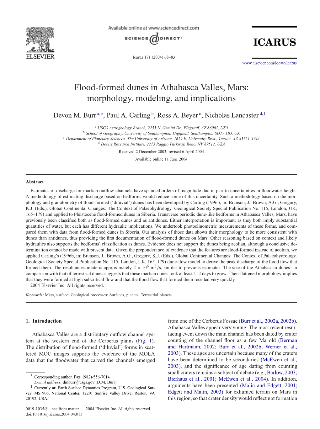 Flood-Formed Dunes in Athabasca Valles, Mars: Morphology, Modeling, and Implications