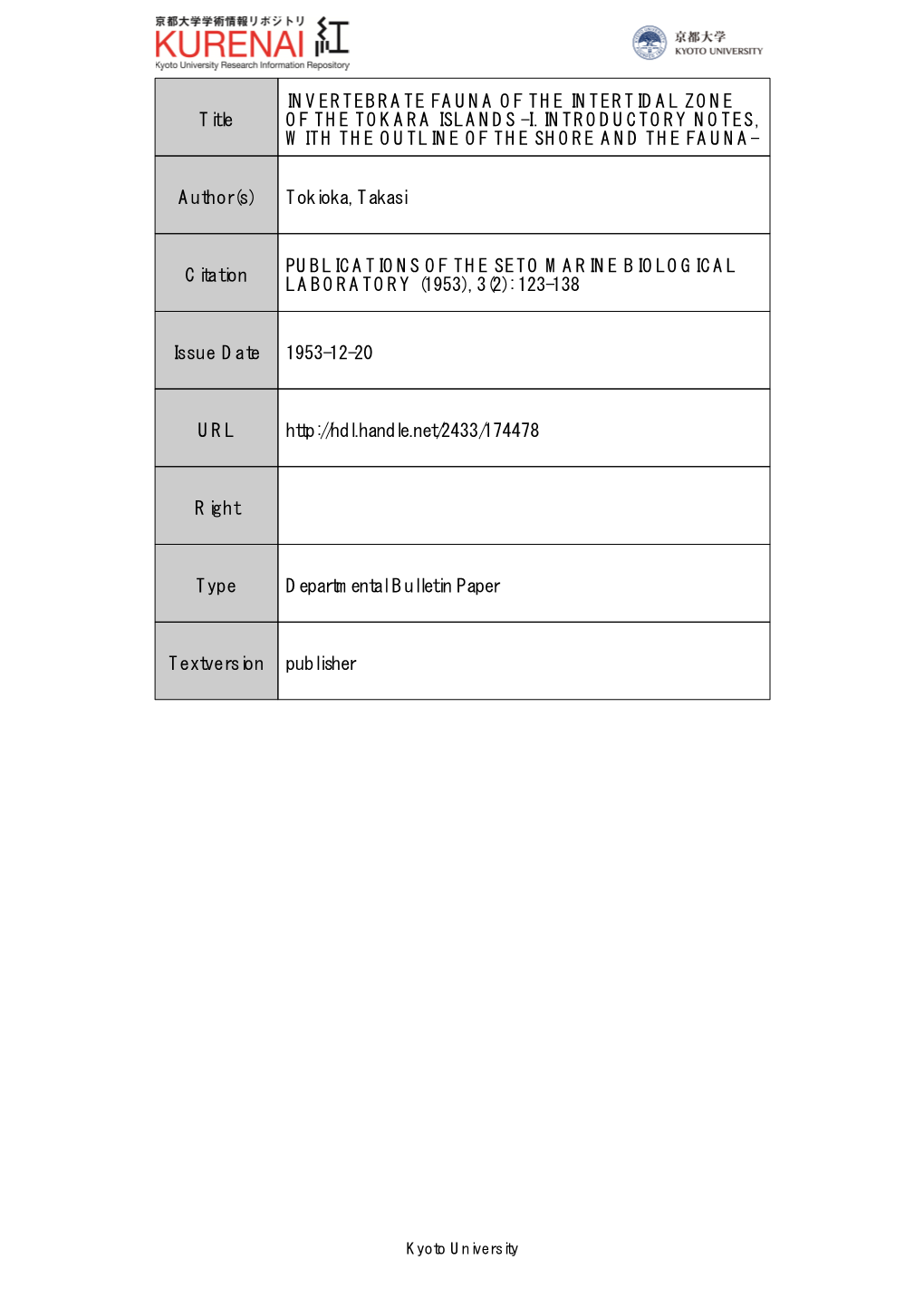 Title INVERTEBRATE FAUNA of the INTERTIDAL ZONE of THE