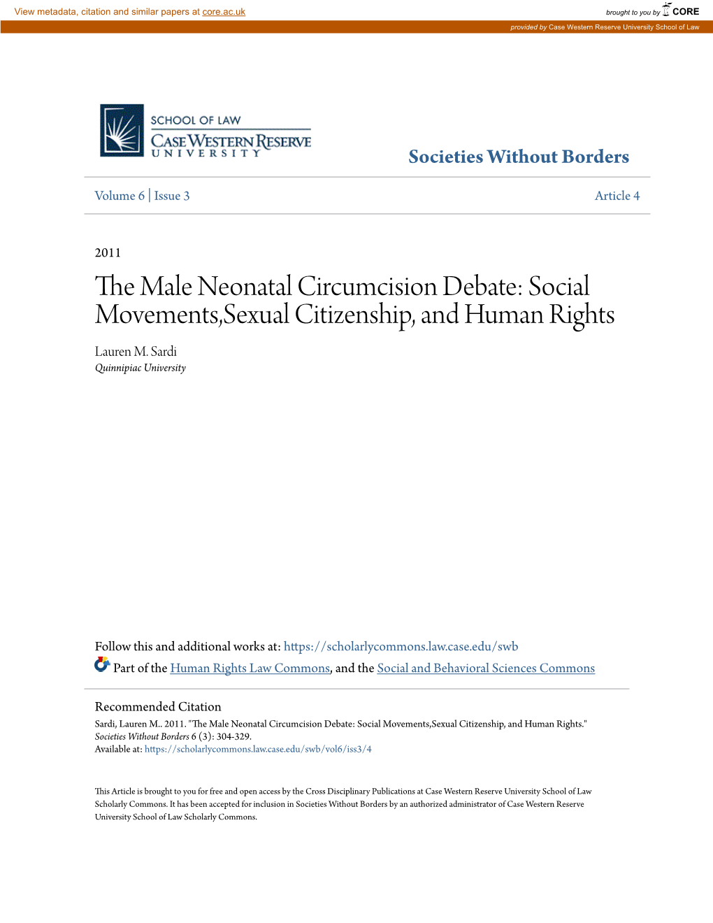 The Male Neonatal Circumcision Debate: Social Movements,Sexual Ci