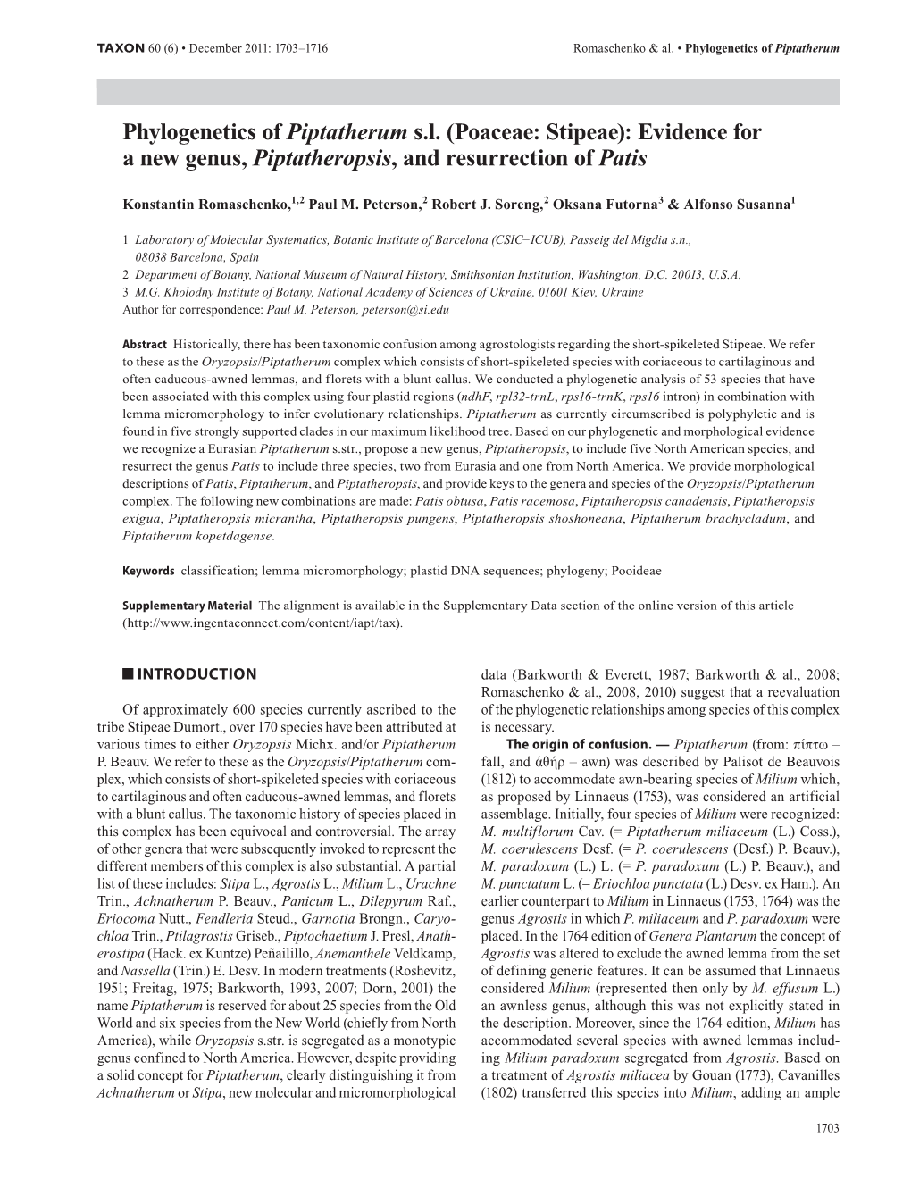 Phylogenetics of Piptatherum Sl (Poaceae: Stipeae)