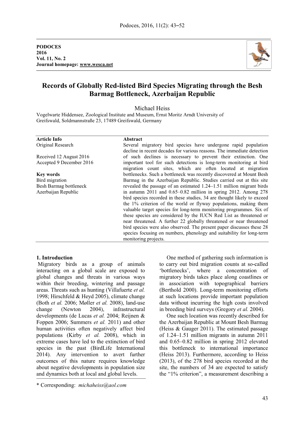 Records of Globally Red-Listed Bird Species Migrating Through the Besh Barmag Bottleneck, Azerbaijan Republic