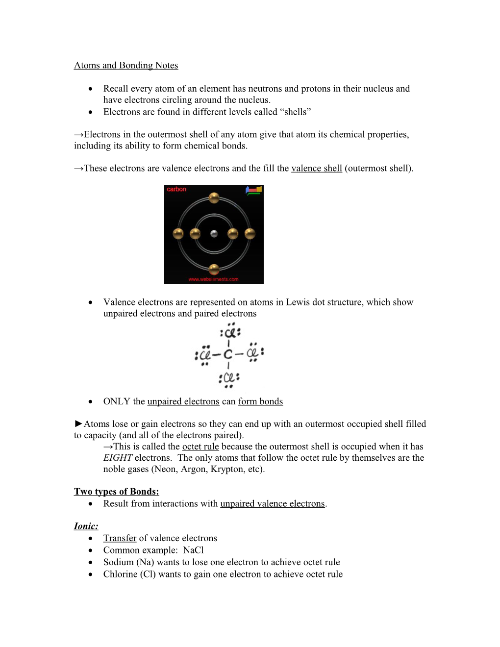 Atoms and Bonding Notes