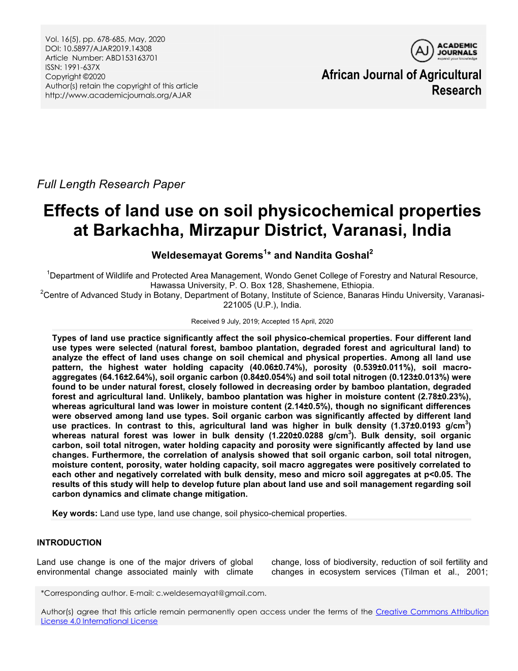 Effects of Land Use on Soil Physicochemical Properties at Barkachha, Mirzapur District, Varanasi, India