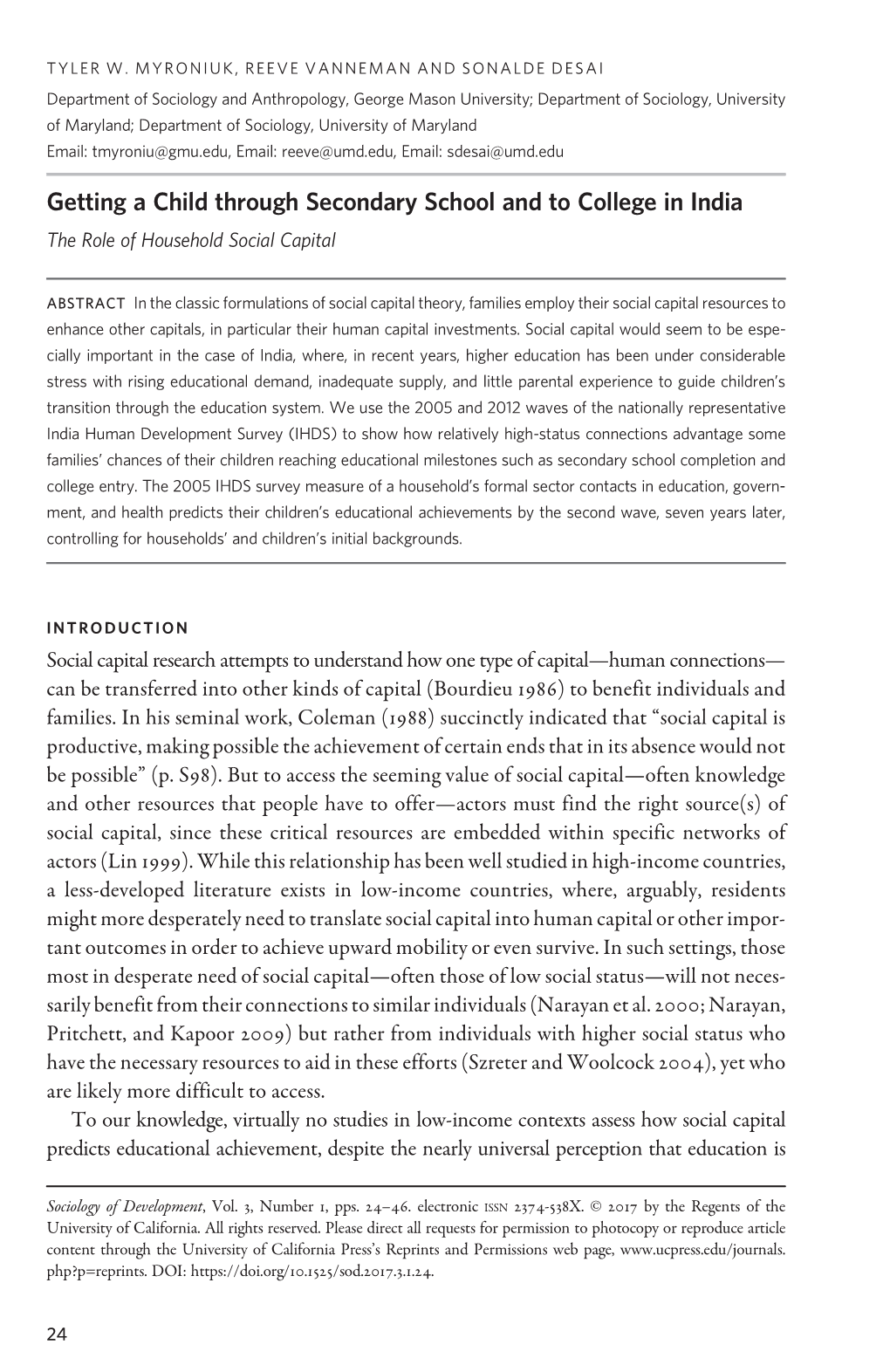 Getting a Child Through Secondary School and to College in India the Role of Household Social Capital