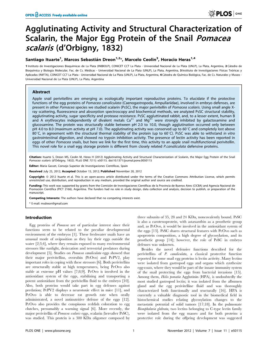 Agglutinating Activity and Structural Characterization of Scalarin, the Major Egg Protein of the Snail Pomacea Scalaris (D’Orbigny, 1832)