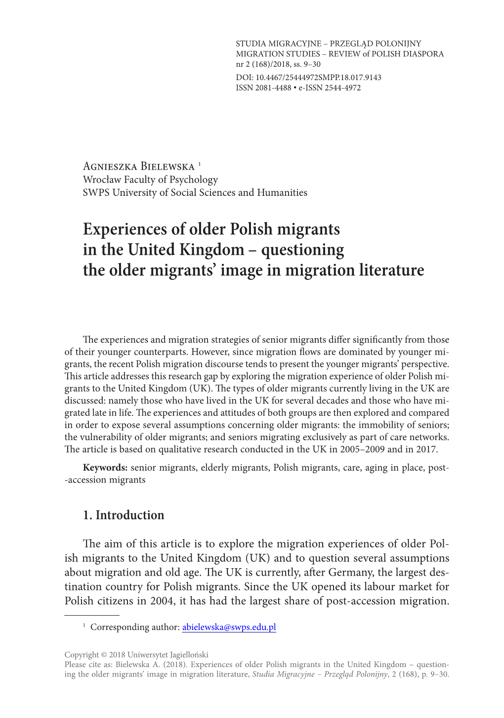 Experiences of Older Polish Migrants in the United Kingdom – Questioning the Older Migrants’ Image in Migration Literature