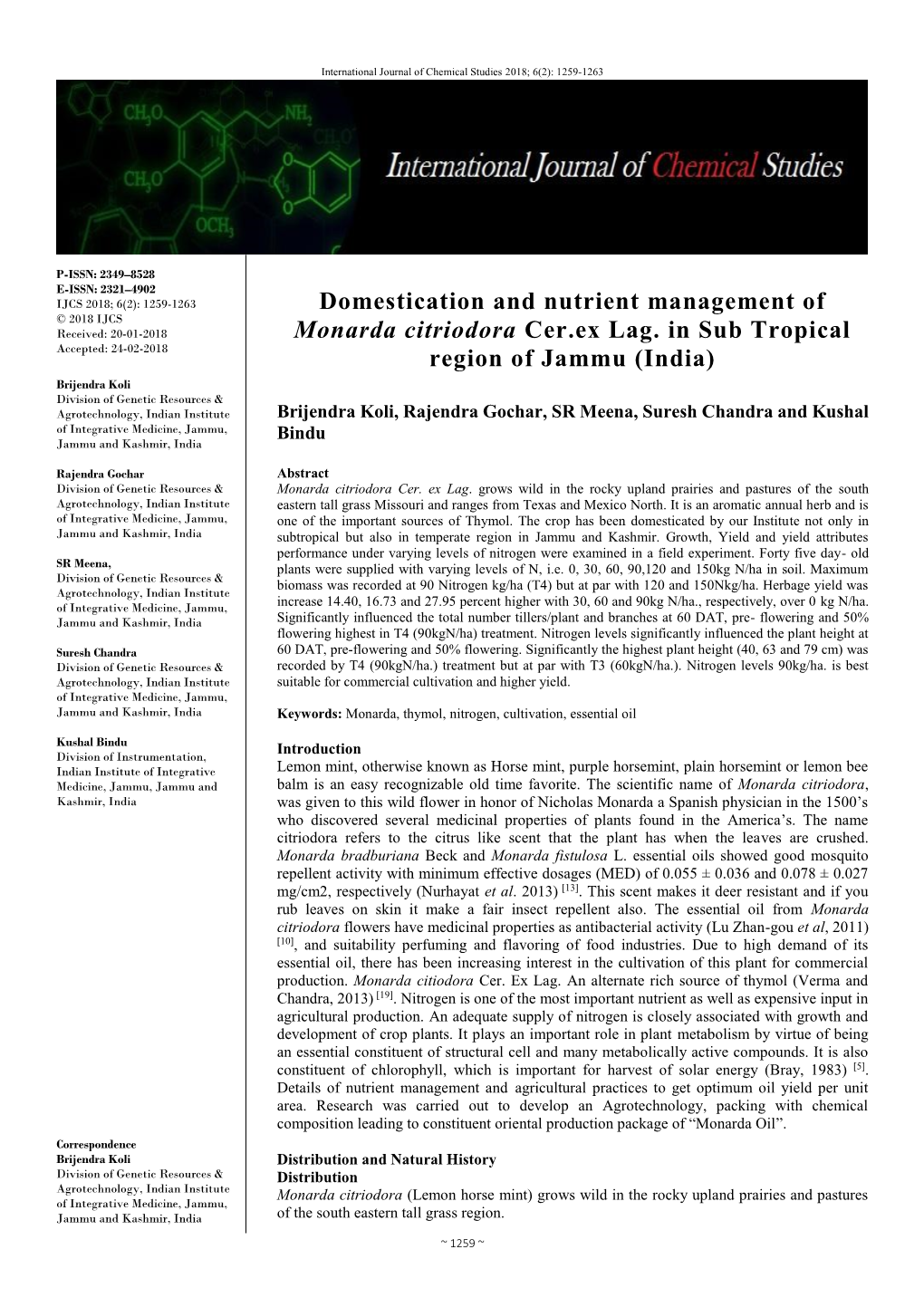 Domestication and Nutrient Management of Monarda Citriodora