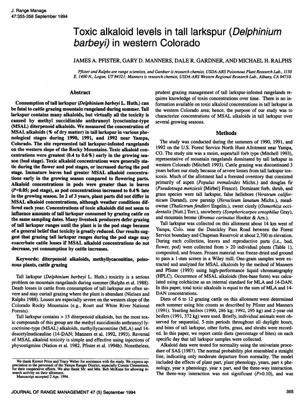 Toxic Alkaloid Levels in Tall Larkspur (Delphinium Barbeyi) in Western Colorado