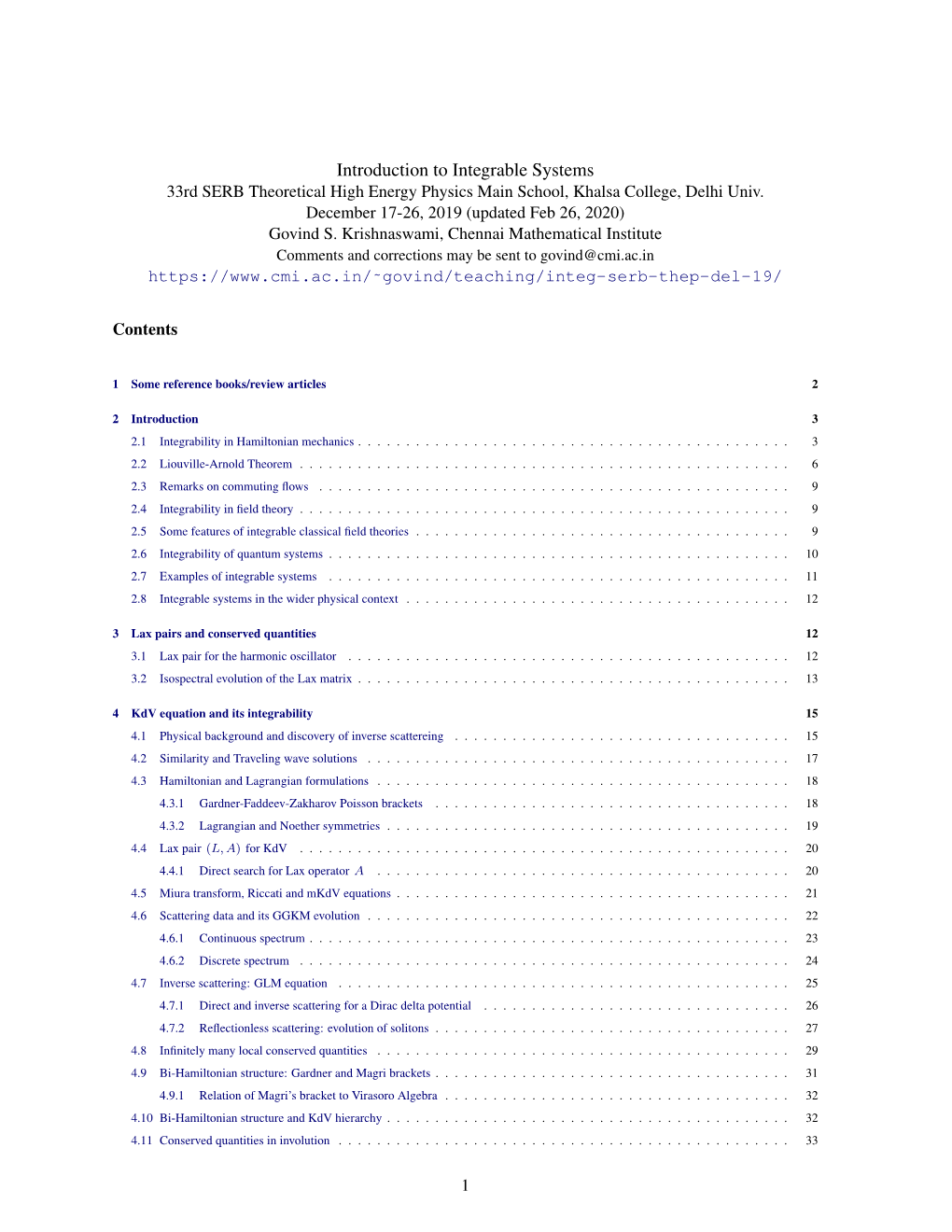 Introduction to Integrable Systems 33Rd SERB Theoretical High Energy Physics Main School, Khalsa College, Delhi Univ