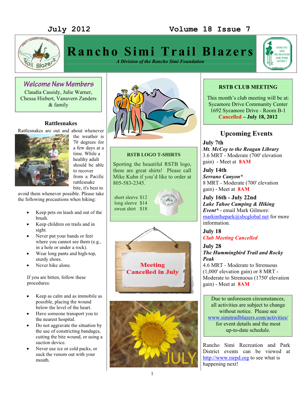 July 2012 Volume 18 Issue 7 Rancho Simi Trail Blazers a Division of the Rancho Simi Foundation