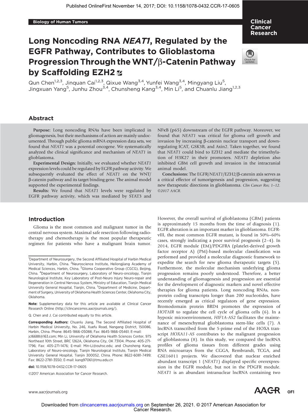 Long Noncoding RNA NEAT1, Regulated by the EGFR Pathway