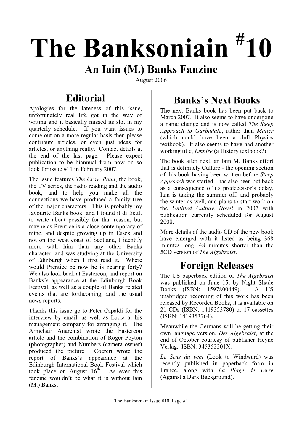 The Banksoniain #10 an Iain (M.) Banks Fanzine August 2006