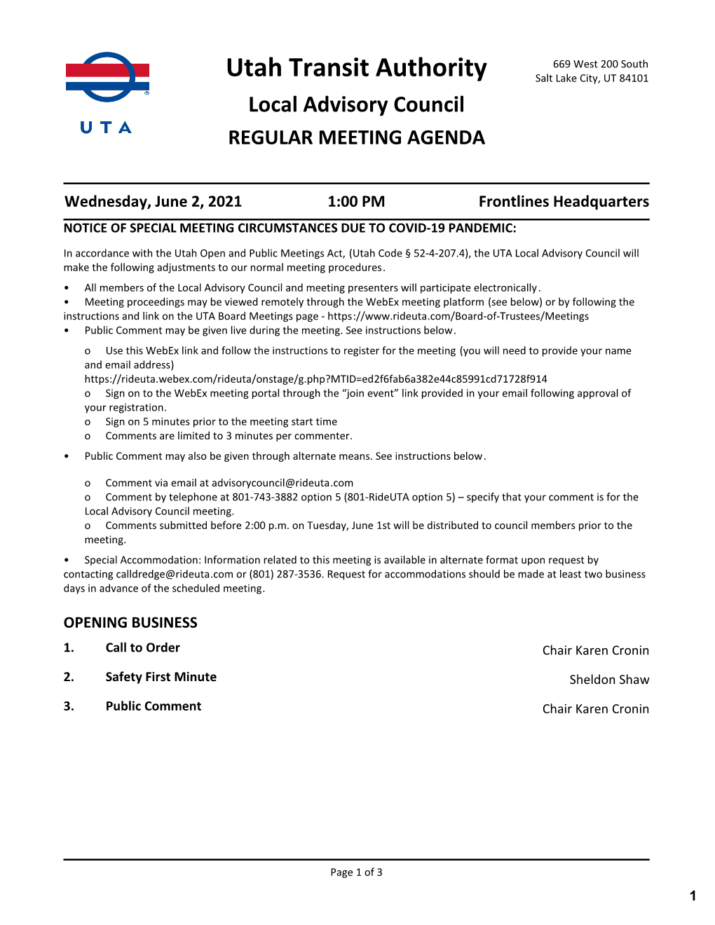 Utah Transit Authority Salt Lake City, UT 84101 Local Advisory Council REGULAR MEETING AGENDA