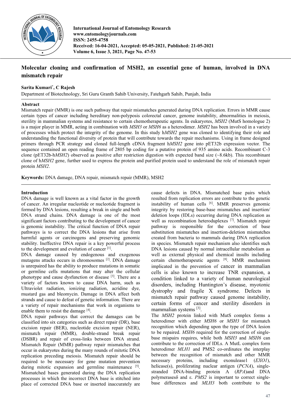 Molecular Cloning and Confirmation of MSH2, an Essential Gene of Human, Involved in DNA Mismatch Repair