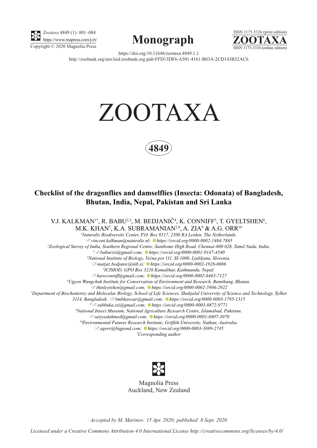 Checklist of the Dragonflies and Damselflies (Insecta: Odonata) of Bangladesh, Bhutan, India, Nepal, Pakistan and Sri Lanka