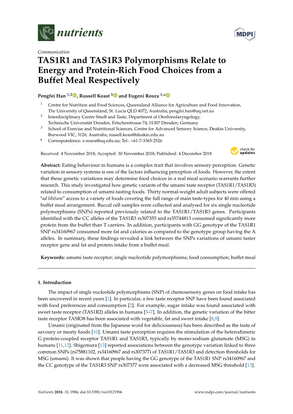 TAS1R1 and TAS1R3 Polymorphisms Relate to Energy and Protein-Rich Food Choices from a Buffet Meal Respectively