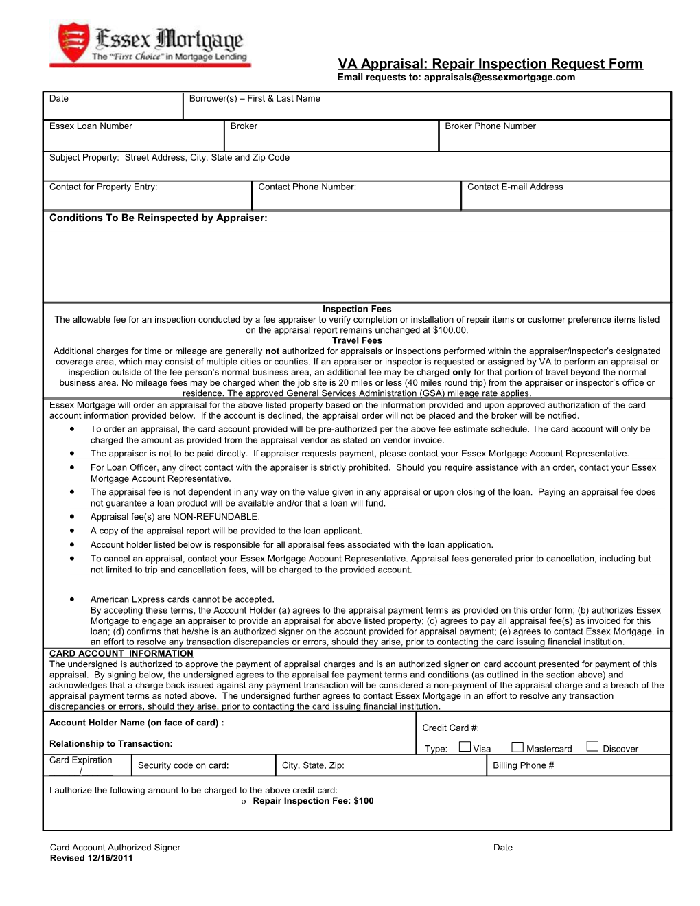 VA Appraisal: Repair Inspection Request Form