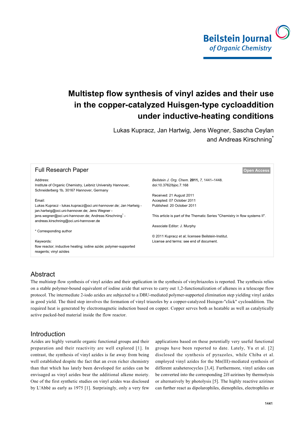 Multistep Flow Synthesis of Vinyl Azides and Their Use in the Copper-Catalyzed Huisgen-Type Cycloaddition Under Inductive-Heating Conditions