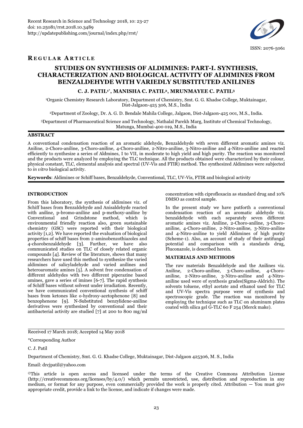 Regular Article Studies on Synthesis of Aldimines: Part