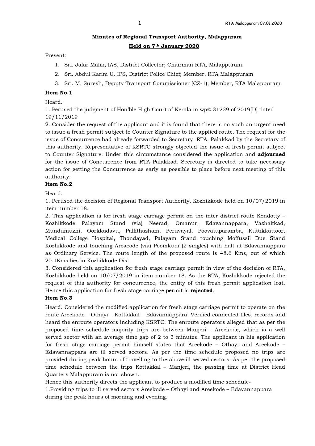 Minutes of Regional Transport Authority, Malappuram Held on 7Th January 2020 Present: 1