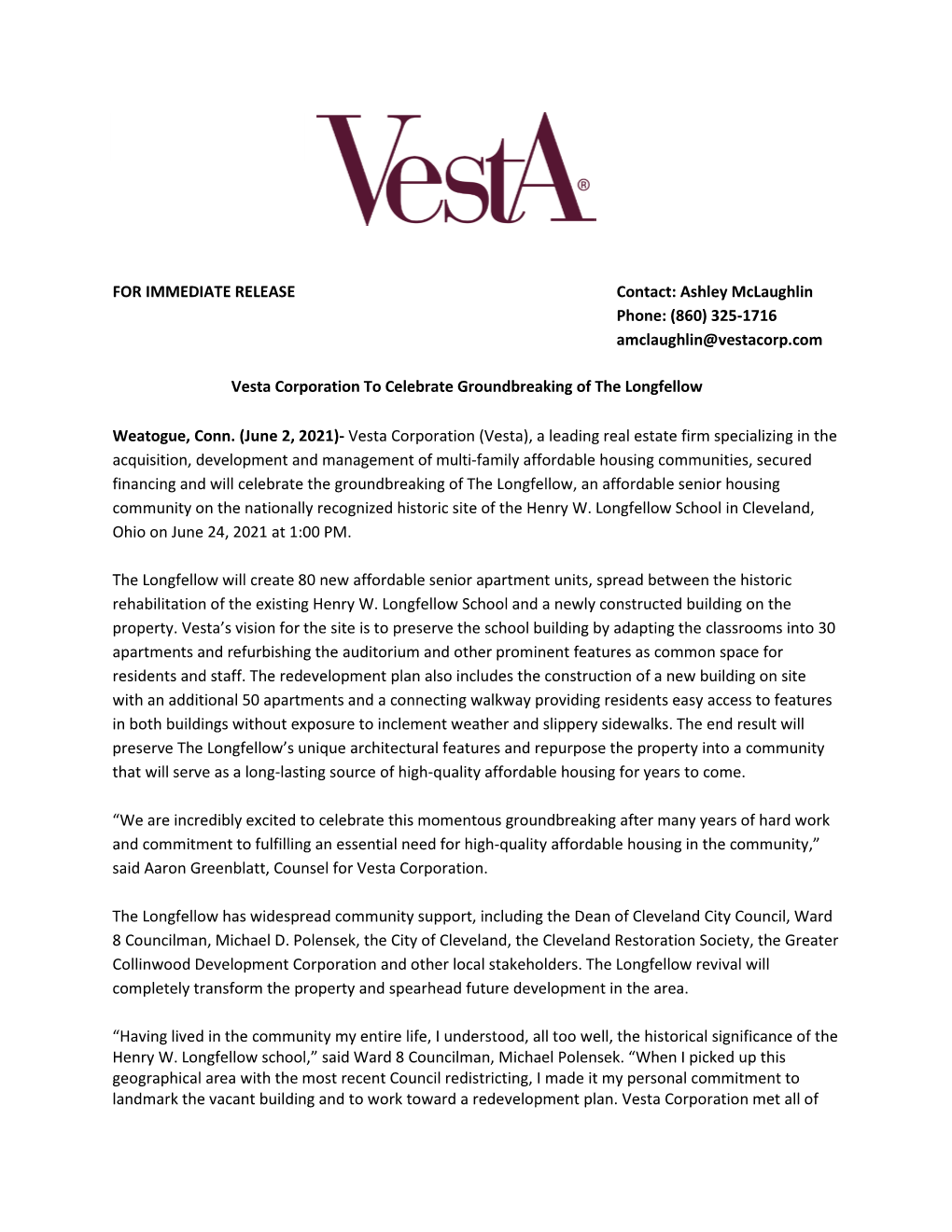 Vesta Corporation to Celebrate Groundbreaking of the Longfellow