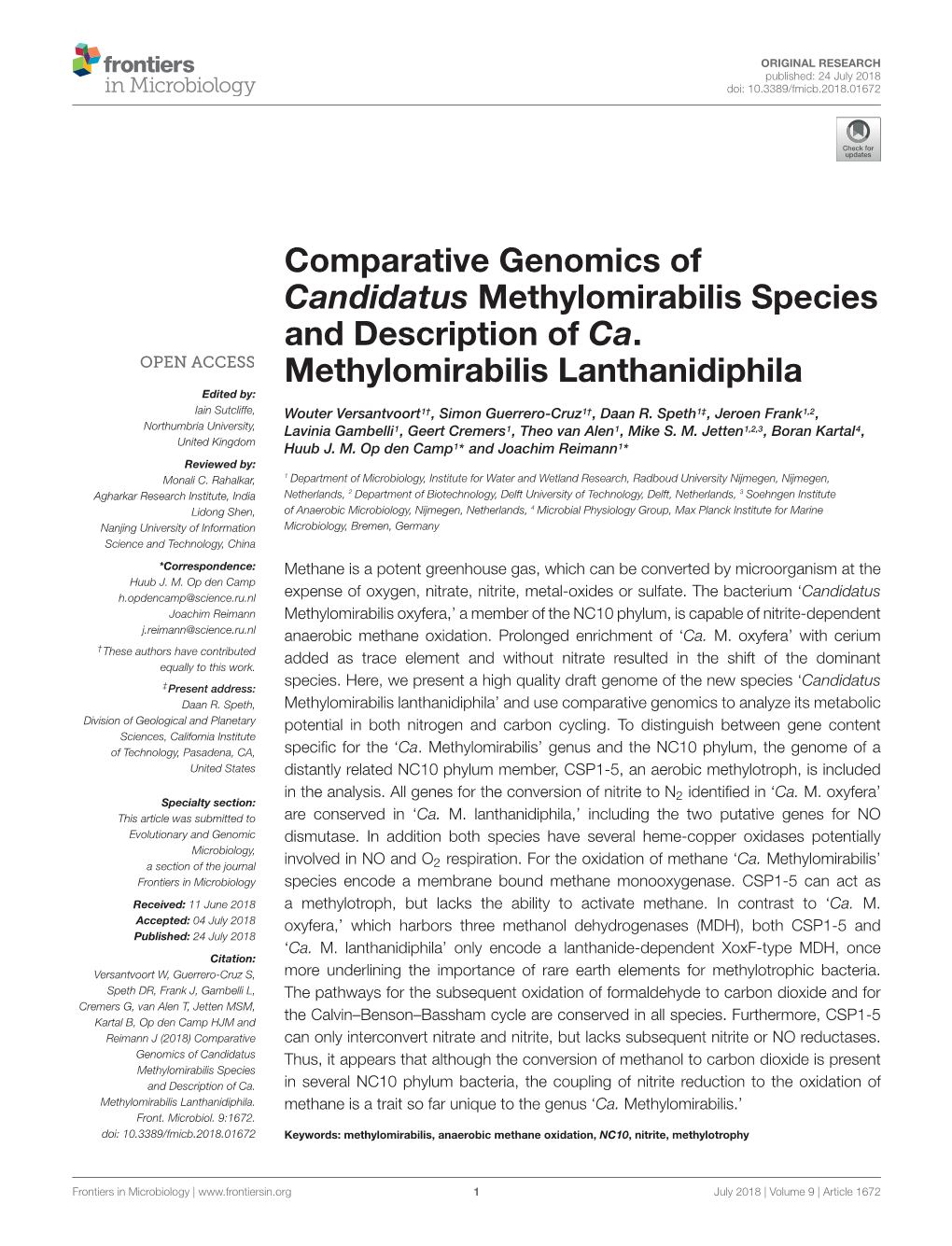 Comparative Genomics of Candidatus Methylomirabilis Species and Description of Ca. Methylomirabilis Lanthanidiphila