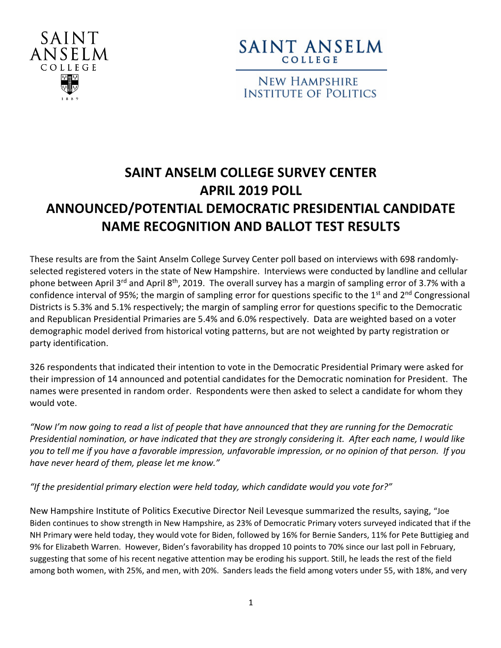 Saint Anselm College Survey Center April 2019 Poll Announced/Potential Democratic Presidential Candidate Name Recognition and Ballot Test Results