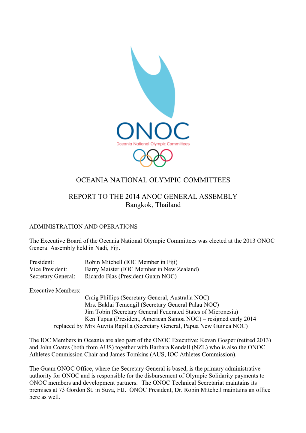 Oceania National Olympic Committees Report to The