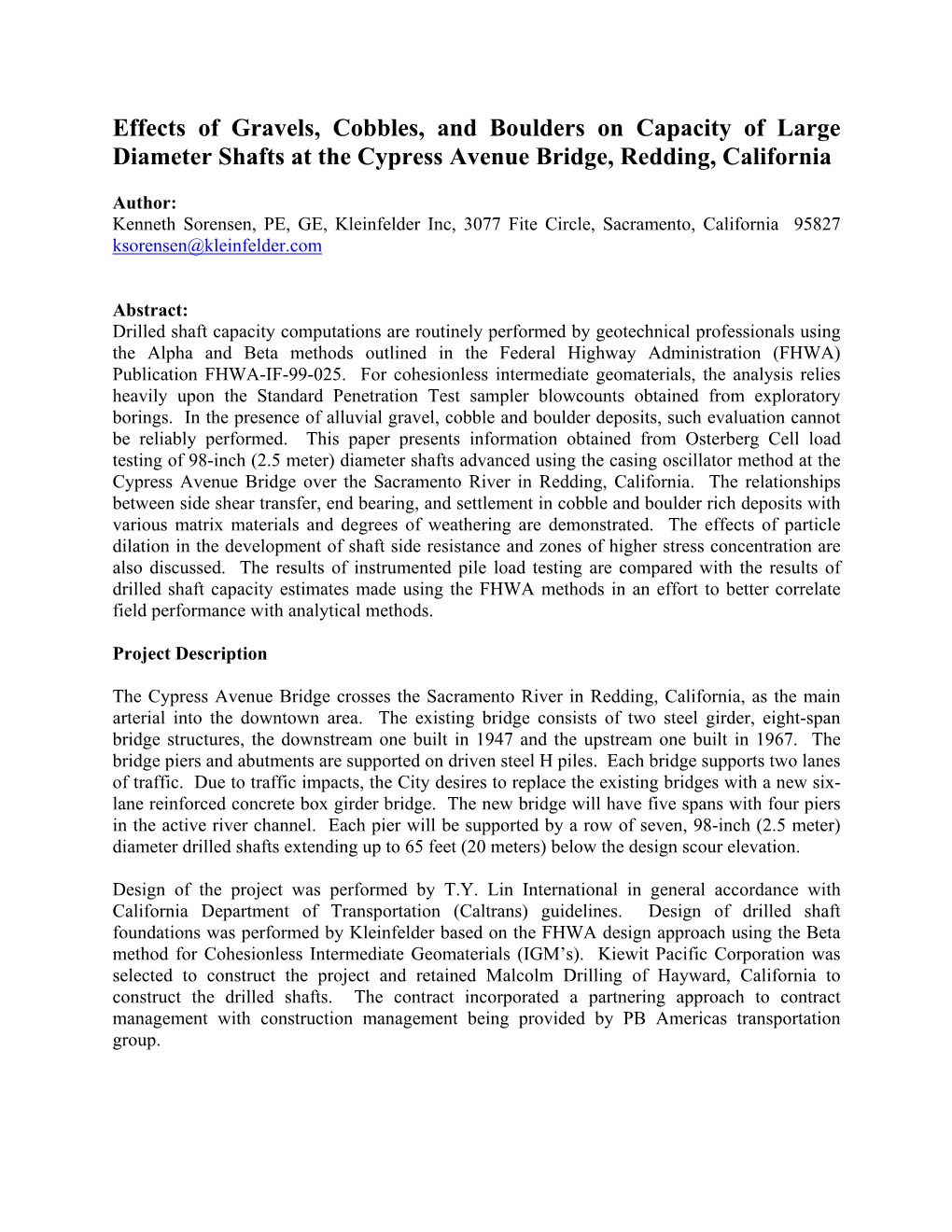 Effects of Gravels, Cobbles, and Boulders on Capacity of Large Diameter Shafts at the Cypress Avenue Bridge, Redding, California