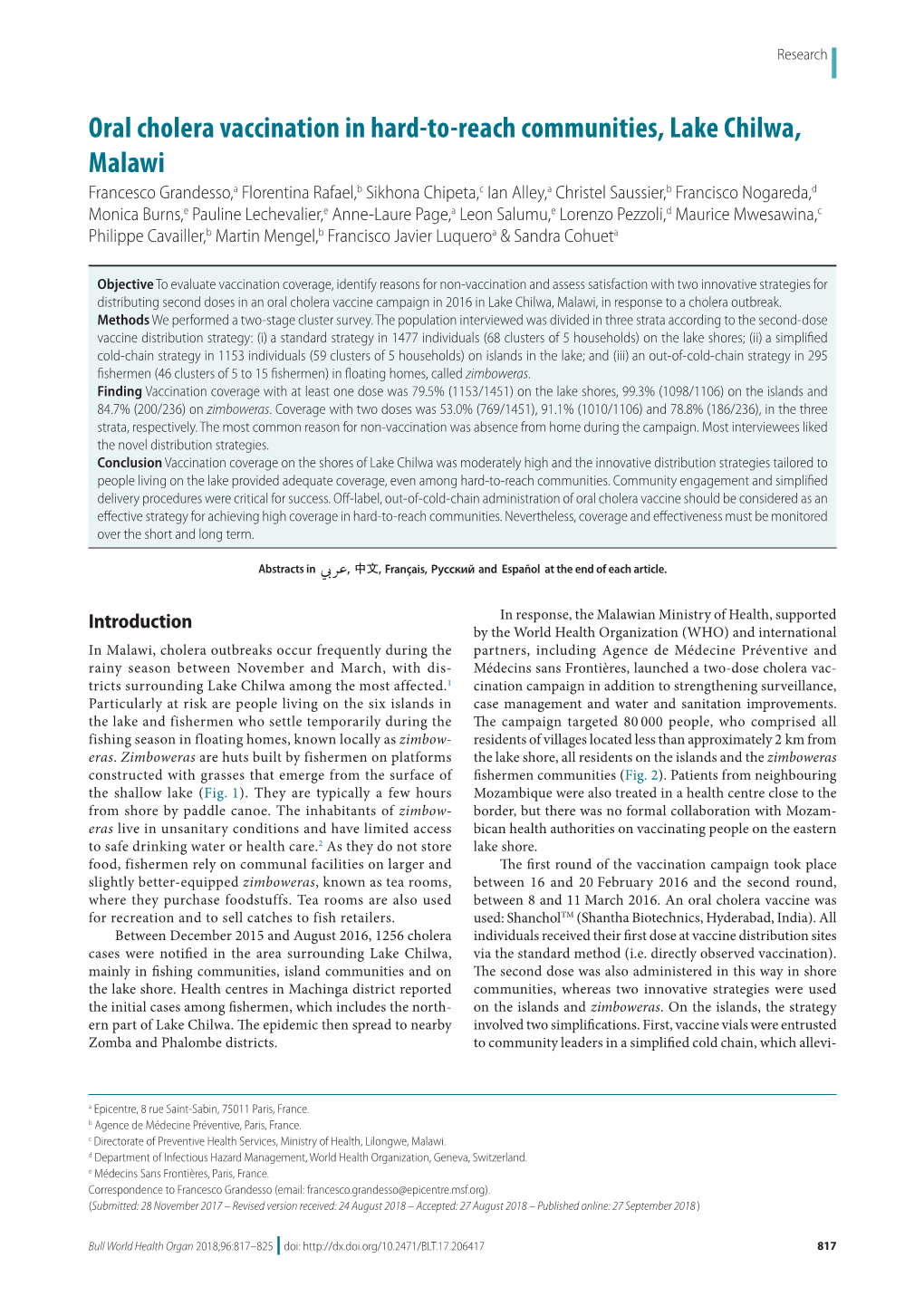 Oral Cholera Vaccination in Hard-To-Reach Communities, Lake