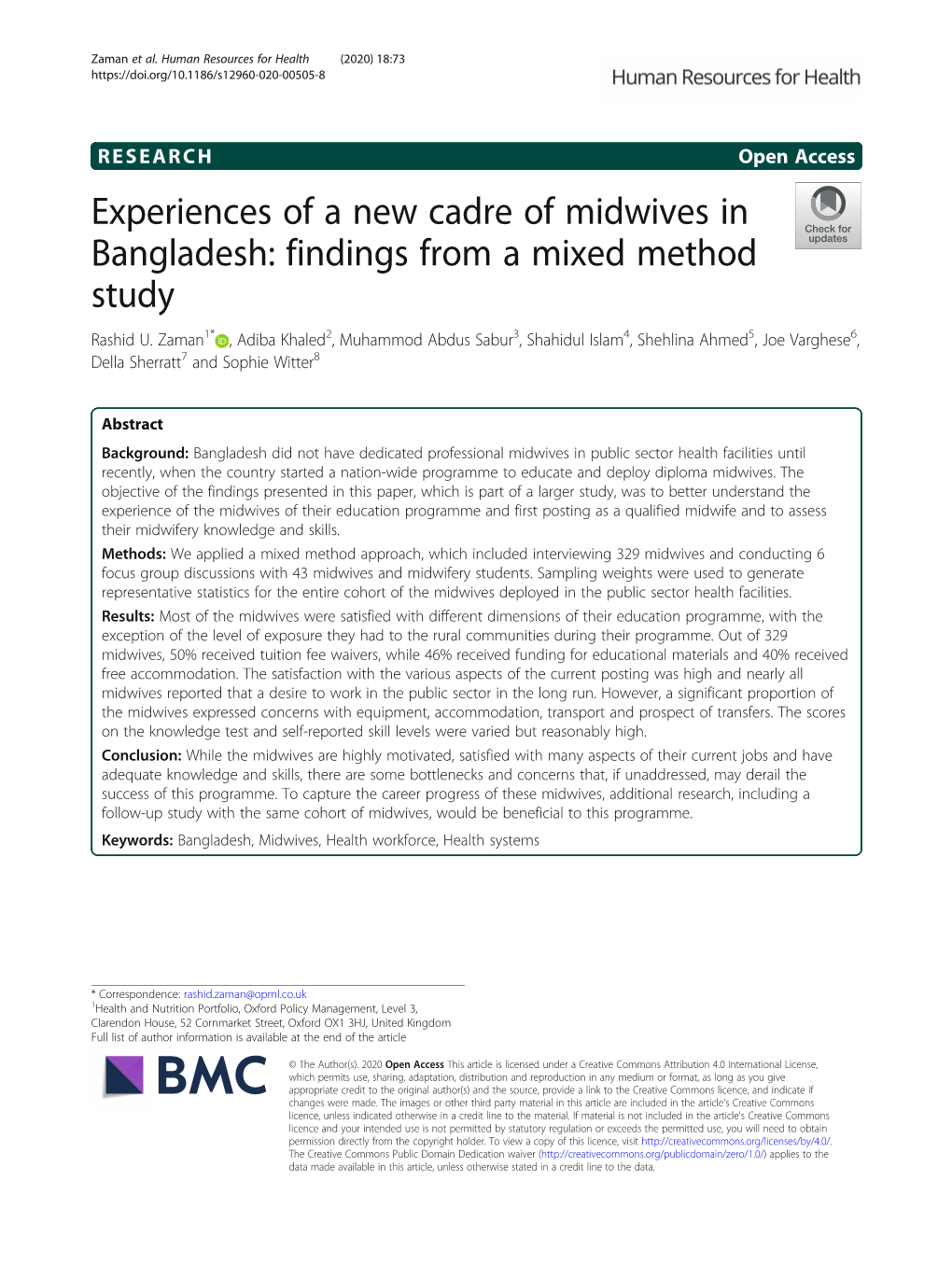 Experiences of a New Cadre of Midwives in Bangladesh: Findings from a Mixed Method Study Rashid U