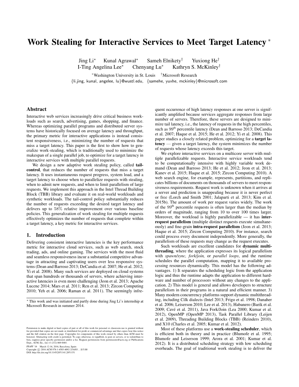 Work Stealing for Interactive Services to Meet Target Latency ∗