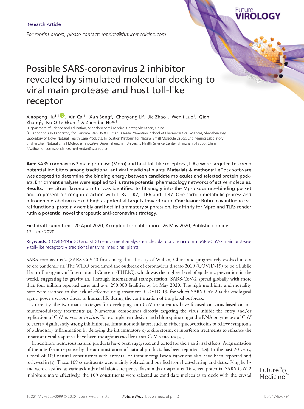 Possible SARS-Coronavirus 2 Inhibitor Revealed by Simulated Molecular Docking to Viral Main Protease and Host Toll-Like Receptor