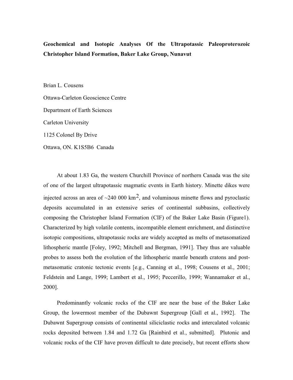 Geochemical and Isotopic Analyses of the Ultrapotassic Paleoproterozoic Christopher Island