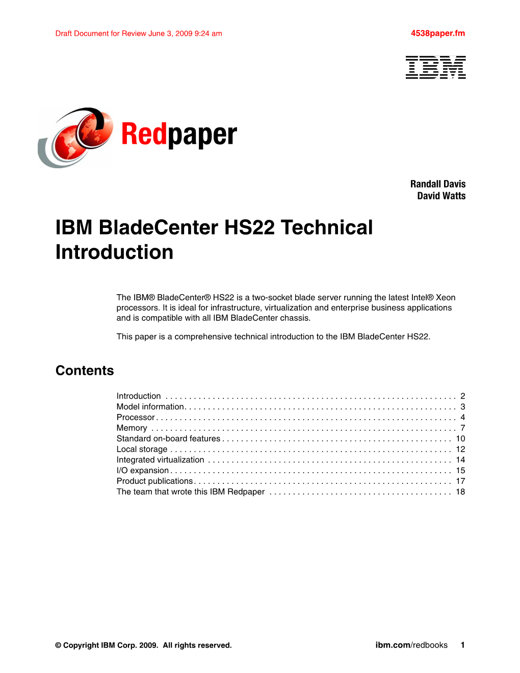 IBM Bladecenter HS22 Technical Introduction